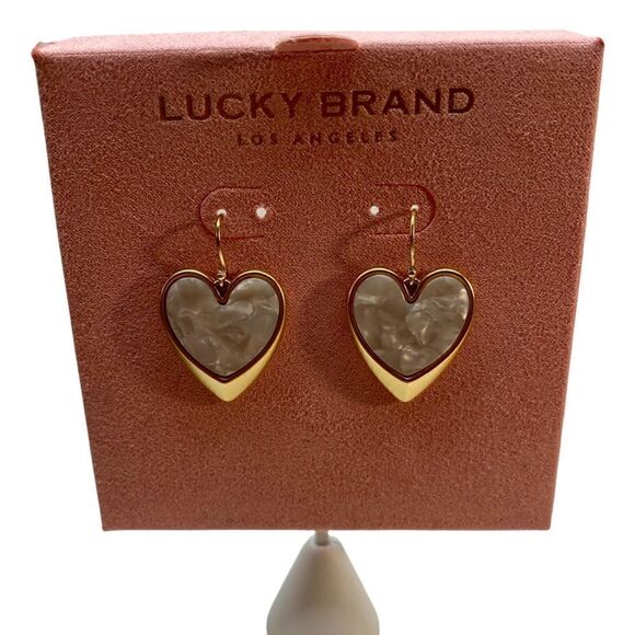 Lucky Brand Drop Heart Earrings w/Pearl Gray Stone Center. Very pretty! - Picture 5 of 6